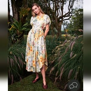 Agua by Agua Bendita Cream Floral Midi Dress with Yellow Blooms